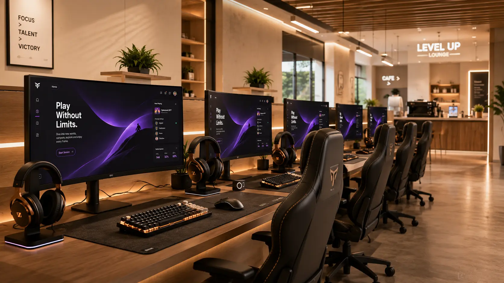 The Lobby — gaming desk with monitor, keyboard and headset